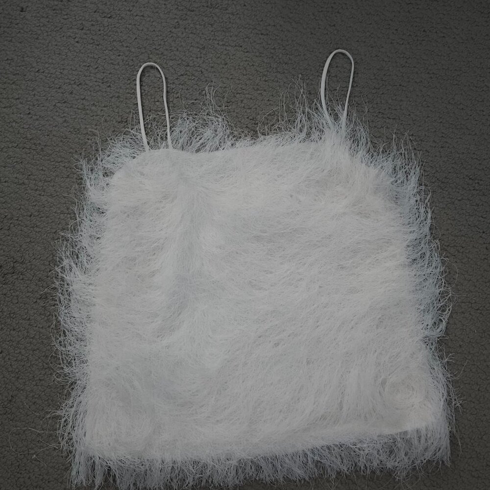 H&M White Fuzzy/Shaggy/Furry Tank Top, Spaghetti Straps, Size XS